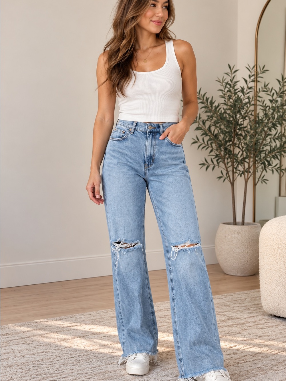 ZARA Light Blue Distressed Straight-Leg Jeans